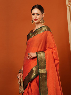 yourwish Woven, Embellished Mysore Cotton Silk, Jacquard Saree(Orange, Red, Gold)