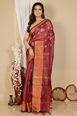 DipDiya Embroidered, Embellished, Self Design, Woven Handloom Cotton Blend Saree(Brown)