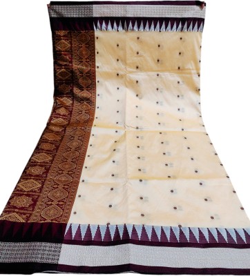 Letest trending ethnic wear Temple Border Sambalpuri Cotton Blend Saree(Cream, Brown)