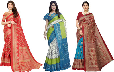 Nirvaan Printed, Woven Daily Wear Art Silk Saree(Pack of 3, Red, White, Blue)