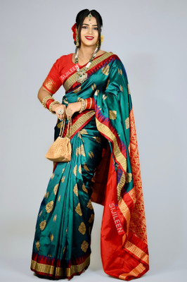 Sijileen Embellished Sambalpuri Art Silk Saree(Dark Green)