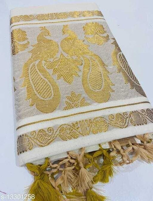 Gugaliya Embellished Kasavu Pure Cotton Saree(Multicolor)