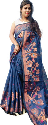 saree star Self Design Handloom Cotton Silk Saree(Light Blue)