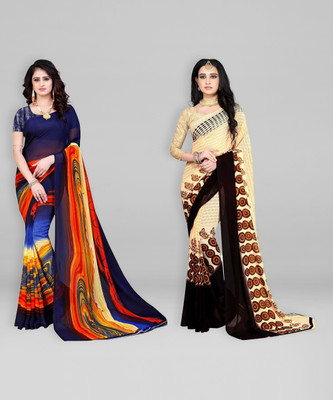 Leelavati Printed Daily Wear Georgette Saree(Pack of 2, Dark Blue, Cream)