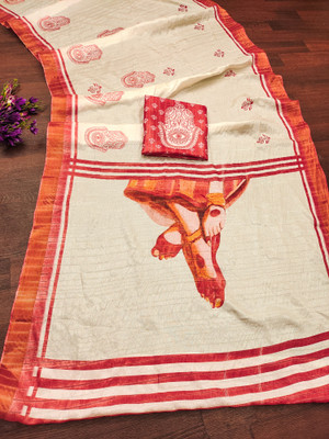 Hema Silk Mills Digital Print Handloom Silk Blend Saree(Red, Cream)