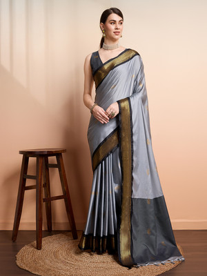 SGF11 Self Design Handloom Silk Blend Saree(Black, Grey)