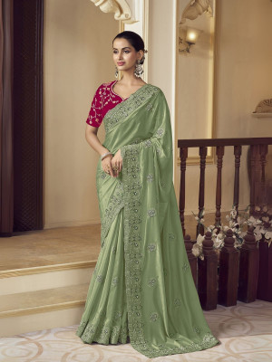odette Embroidered Saree with Attached Blouse Georgette Saree(Pack of 2, Light Green)