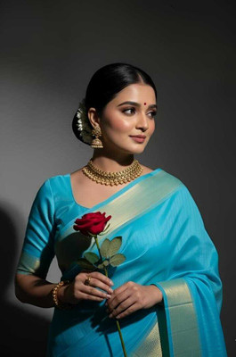 Tilfelle Solid/Plain, Woven Handloom Cotton Blend Saree(Blue)