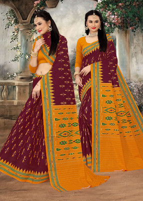 ETHNIC ODISHA HANDLOOM Printed, Digital Print Sambalpuri Pure Cotton Saree(Maroon)