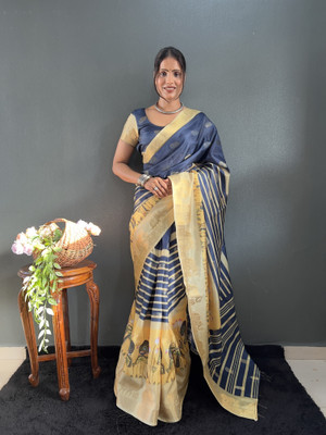 MM VENTURE Woven Kanjivaram Jacquard, Silk Blend Saree(Blue)
