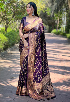 SICHYAH Woven Banarasi Satin, Silk Blend Saree(Purple)