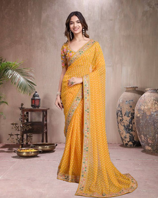 RamKrupa Creation Printed Bandhani Georgette Saree(Yellow)