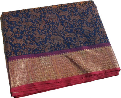 PME Woven Chettinadu Pure Cotton Saree(Dark Blue, Red, Gold)