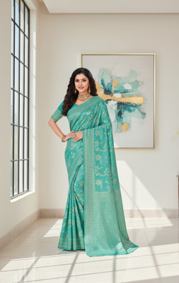 sarees Woven, Geometric Print, Self Design, Floral Print Banarasi Cotton Silk Saree(Green)
