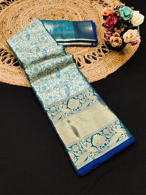 WINKLECART Checkered Kanjivaram Pure Silk Saree(Light Blue)