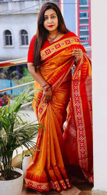 LYANNA Temple Border, Woven Sambalpuri Handloom Cotton Blend Saree(Mustard)