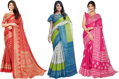 ANIRAV Printed Kalamkari Art Silk Saree(Pack of 3, Red, White, Blue, Pink)