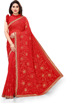 Madhur milan Floral Print Bollywood Georgette, Brasso Saree(Red)