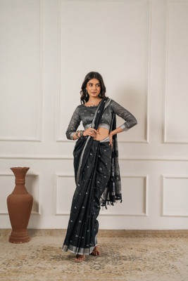 Vichitra Woven, Self Design Banarasi Linen, Pure Cotton Saree(Black)