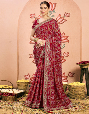 Samah Embellished, Embroidered, Printed Bandhani Georgette, Lace Saree(Red)