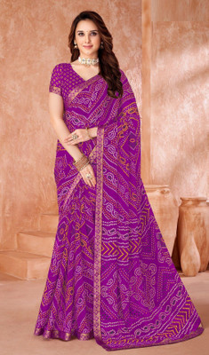 REBOOT FASHIONS Geometric Print Bandhani Chiffon Saree(Purple)