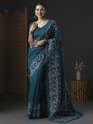 Divastri Printed Daily Wear Cotton Blend Saree(Dark Blue)