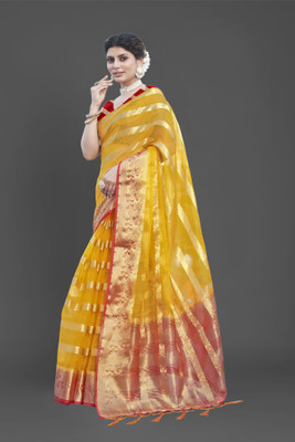 Aarunika IC Solid/Plain Bollywood Organza Saree(Yellow)