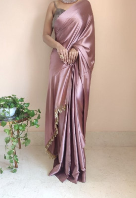 PD CLOTH VILLA Solid/Plain Bollywood Satin, Silk Blend Saree(Beige)