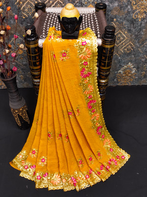 KHRITI FAB Embroidered, Floral Print Bollywood Georgette Saree(Gold)