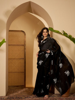 FABMORA Embellished, Embroidered Bollywood Jimmy choo, Chiffon Saree(Black)