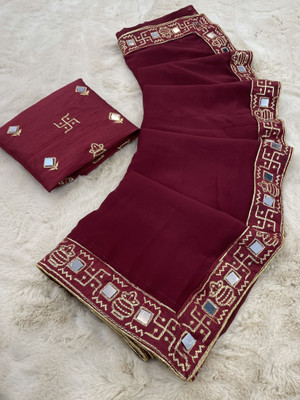 PRETTYAGE Embellished, Solid/Plain Banarasi Georgette Saree(Maroon)