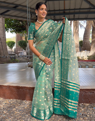 Samah Woven, Self Design, Embellished Banarasi Organza, Silk Blend Saree(Green)