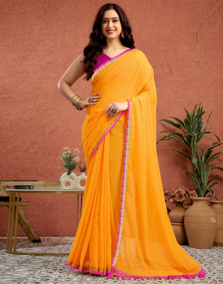 Samah Embellished, Solid/Plain Bollywood Georgette Saree(Yellow)