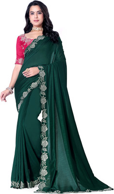 radhe creation Self Design Bollywood Silk Blend Saree(Dark Green)