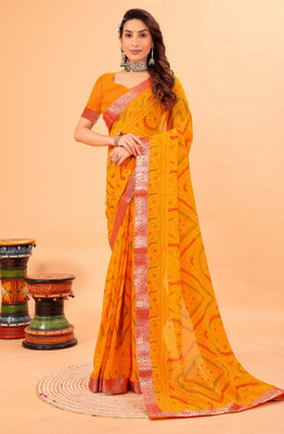 georgette Printed Bandhani Georgette Saree(Yellow)