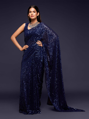 odette Embellished Saree with Attached Blouse Georgette Saree(Blue)