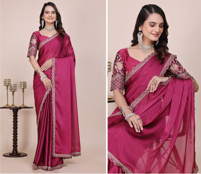 K 5 FASHION Embroidered, Solid/Plain Bollywood Chiffon Saree(Magenta)