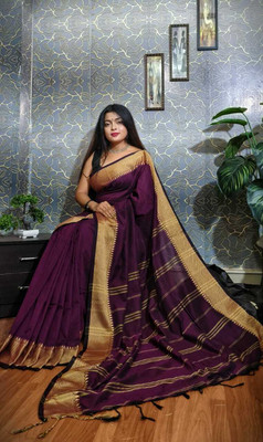 DipDiya Solid/Plain Handloom Cotton Blend Saree(Purple)