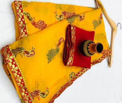 DAZLIO Printed, Digital Print, Color Block Bollywood Georgette Saree(Yellow)