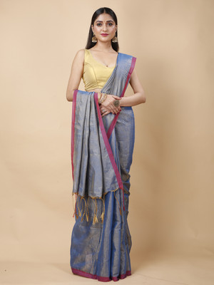 DipDiya Self Design Handloom Linen Saree(Light Blue)