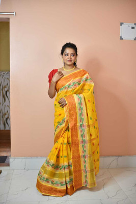 dreamy textiles hub Woven Tant Handloom Cotton Jute Saree(Yellow)