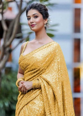 HEMLATA ENTERPRISE Embroidered, Embellished Bollywood Georgette Saree(Gold)