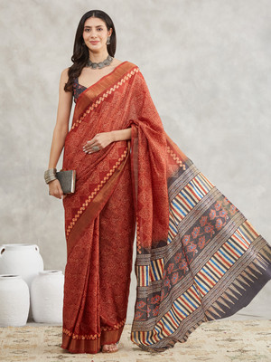 Janasya Printed Bandhani Silk Blend Saree(Orange)