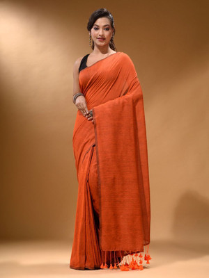 FASHION MOODS Solid/Plain Daily Wear Cotton Blend Saree(Orange)