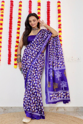 JASU CREATION Printed Ikkat Pure Cotton Saree(Dark Blue)