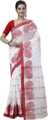 SUBHO SAREE CENTRE Woven, Embellished Tant Pure Cotton Saree(White, Red)