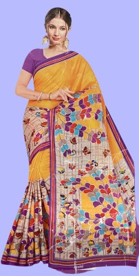 SKFASHION Floral Print Assam Silk Chiffon Saree(Yellow)