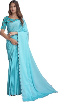 VILUCHI Solid/Plain Bollywood Chiffon Saree(Light Blue)