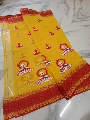 Priyongboda Printed Tant Handloom Cotton Blend Saree(Red, Yellow)
