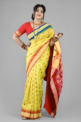 Zahidandsons Temple Border Sambalpuri Silk Blend Saree(Yellow)